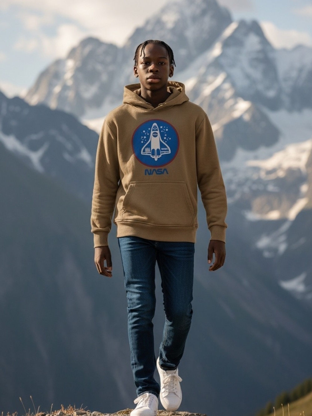 NASA Boys S Tan Graphic Hoodie - Space Shuttle Logo Astronaut NWOT